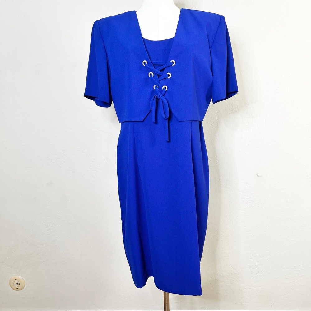 Vintage  CDC Evening 90s Royal Blue Lace Up Rhinestone Sheath Dress‎ Size 10